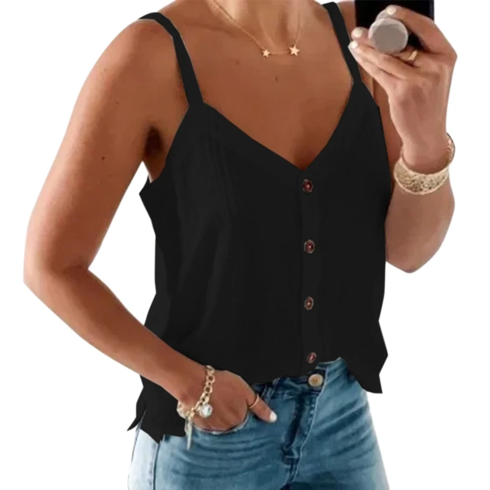

Black Women Sexy V-neck Button Halt Tops Summer Sleeveless Casual Vest Female Fashion Tank Tops Solid Shirt Ladies Camisole D30