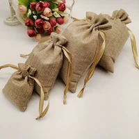 50pcs sack jute gift bag silk ribbon drawstring jute bag jute webbing handles for bags gift packaging bags storage travel pouch