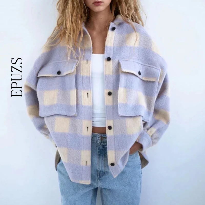 

Модное шерстяное пальто оверсайз, Женские клетчатые куртки, винтажная куртка с длинным рукавом и пальто, женское корейское пальто, верхняя одежда