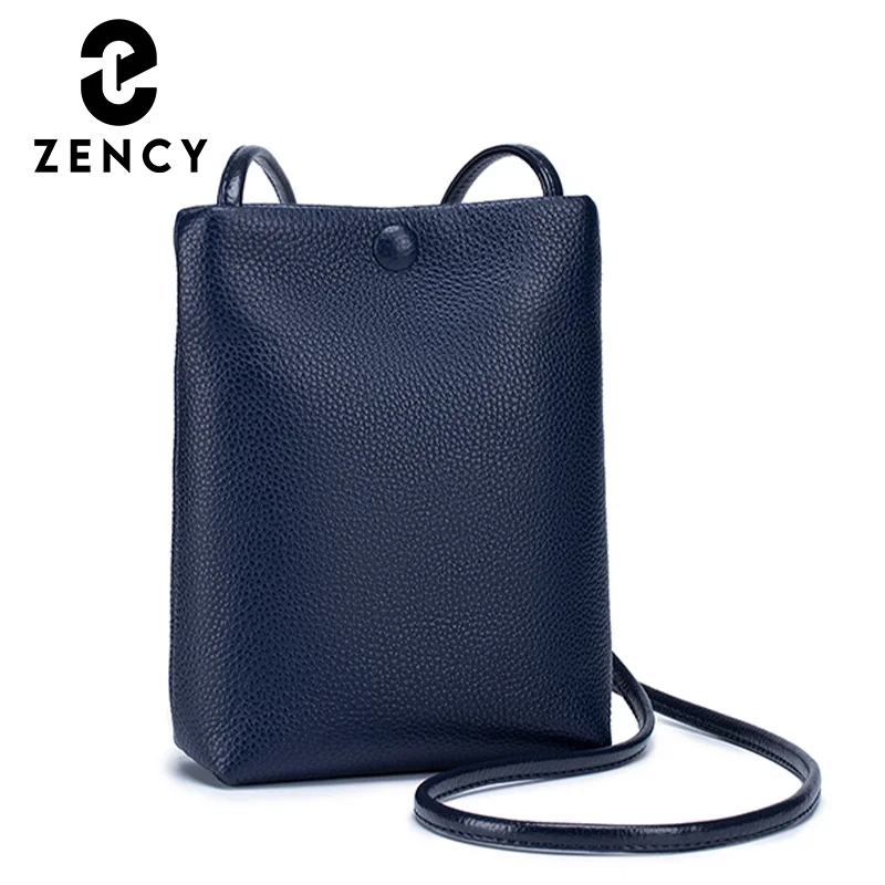 Zency Daily Casual Women's Crossbody Bag Soft Genuine Leather Handbag Classic Cell Phone Pocket Mini Bucket Bag For Female Black