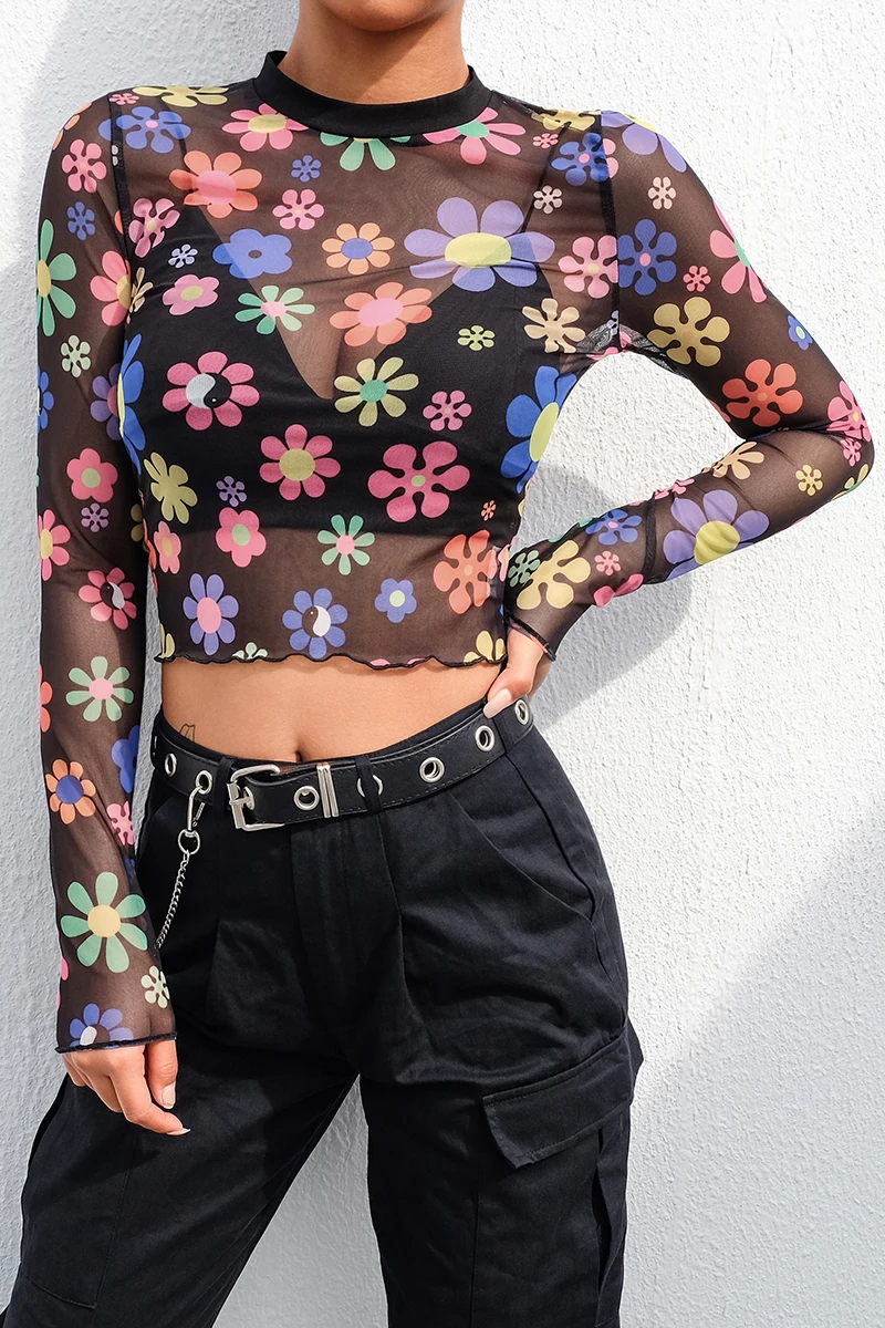 

2020 Unicorn Kpop Tumblr Korean Spring New Color Small Flower Print Mesh Shirt Female Paragraph Tight Perspective Hollow Woman