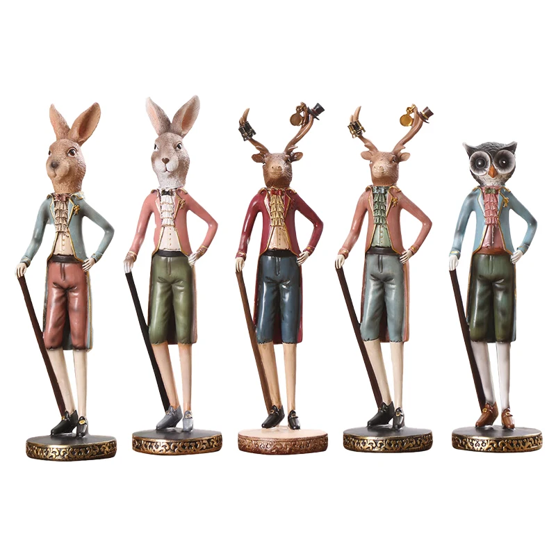 

Gentleman Bunny Owl Deer Ornament Crutches Blue Pink Red Animal Statue Home Decoration Accessories Figurines for Interior Gift