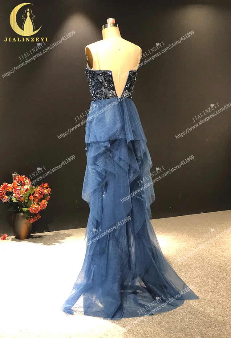 

JIALINZEYI Real Picture Newest Navy Blue Spaghetti Strap Crystal Sexy Luxurious Party Dress Formal Dress Evening Dresses 2021