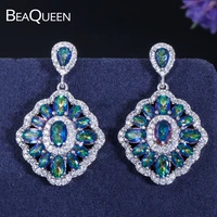 beaqueen fancy women blue green multicolor cubic zircon rainbow big hanging drop earrings statement jewlery accessories e025