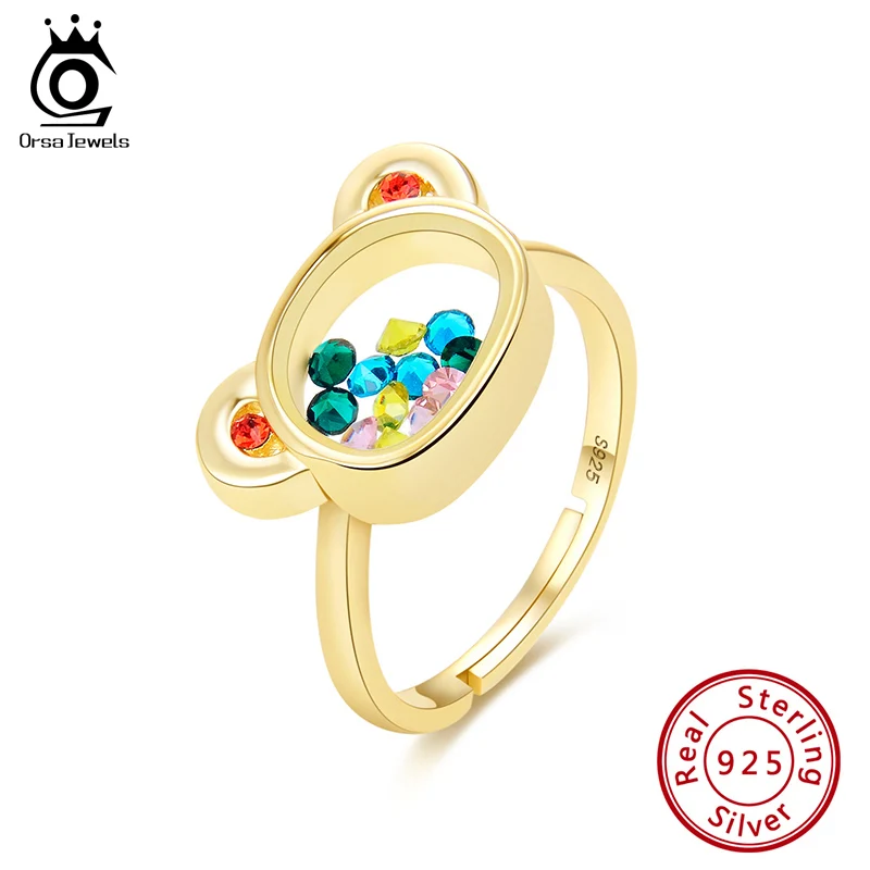 

ORSA JEWELS 925 Sterling Silver Adjustable Ring with Movable Bear Shiny Charms Glass 14K Gold Plated Band Cute Jewelry EQR12