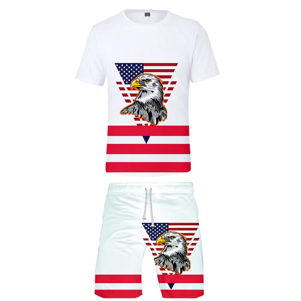 

New Men's Set Hot US Independence Day National Flag 3D Print Tshirt and Beach Shorts Set White Summer High Quality Sets Piece
