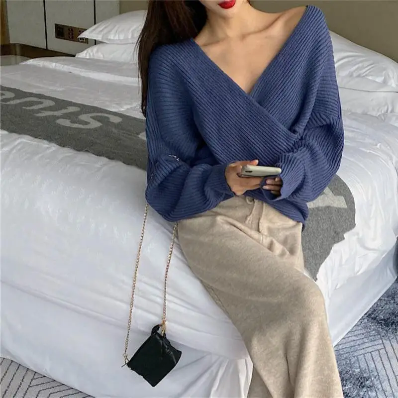 

Sexy Crossed V Neck Simple Black Women Sweater Loose Versatile Temperament Long-sleeved Sweater 2021 Autumn Winter New