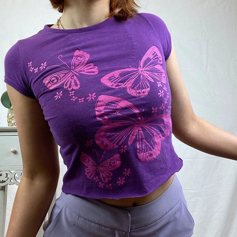 

90s Vintage Butterfly Print Crop Top E-girl Short Sleeve O-neck T-shirt Women Summer Sweats Tee Y2K Aesthetic Streetwear Outfits