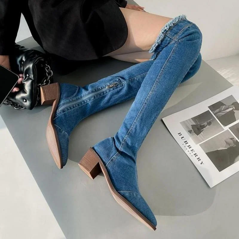 

Cowboy Blue Long Women's Shoes Thick-heeled Western High Boot Slim Over-the-knee Knight Boots Thigh Botas Mujer Femininas