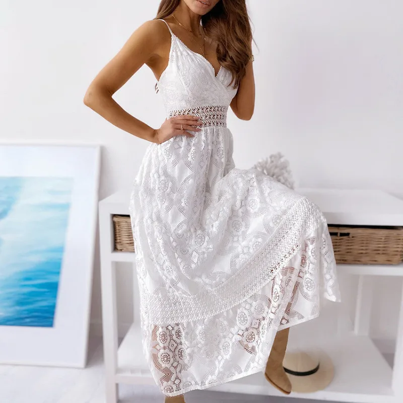 

Sexy Elegant Lace Patchwork Women Dress Summer 2020 V-neck Spaghetti Straps White Dresses