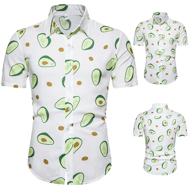 

New Arrival Summer Beach Avocado Printed White Men Cotton Short Sleeve Shirt