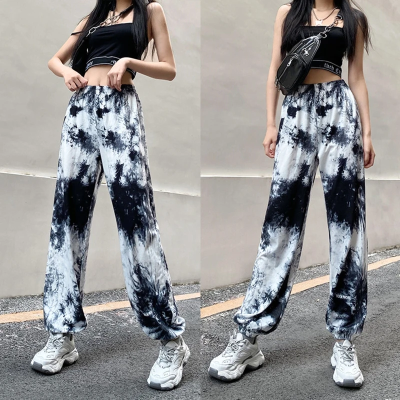 

Women High Waist Baggy Jogger Pants Black White Tie-Dye Letters Printed Loose Sweatpants Harajuku Casual Running Harem Trousers