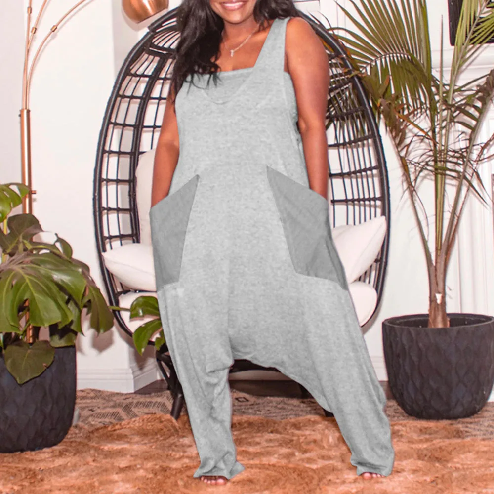 

Western Style Splicing Solid Color Jumpsuit 2021 Summer New Fashion Loose Casual Oversize Indie Pocket Sexy Backless