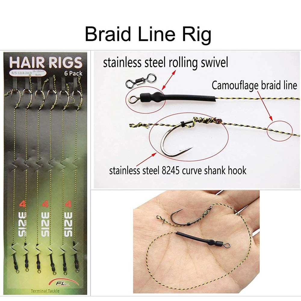 36pcs Carp Fishing Hair Rigs Green Coated Braided Thread Loop 8245 Curve Shank Hook Boilies Carp Rigs Carp Fishing Accessories