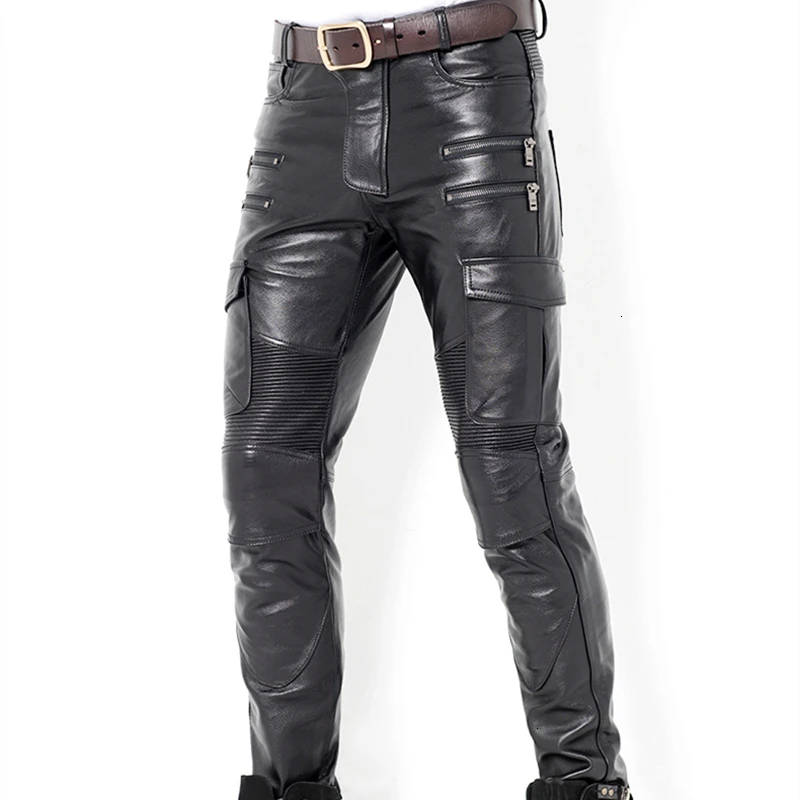

2020 Genuine Leather Pants Men's Profession Motorcycle Biker Trousers High Quality Male Soft Leather Black Pants Protective gear