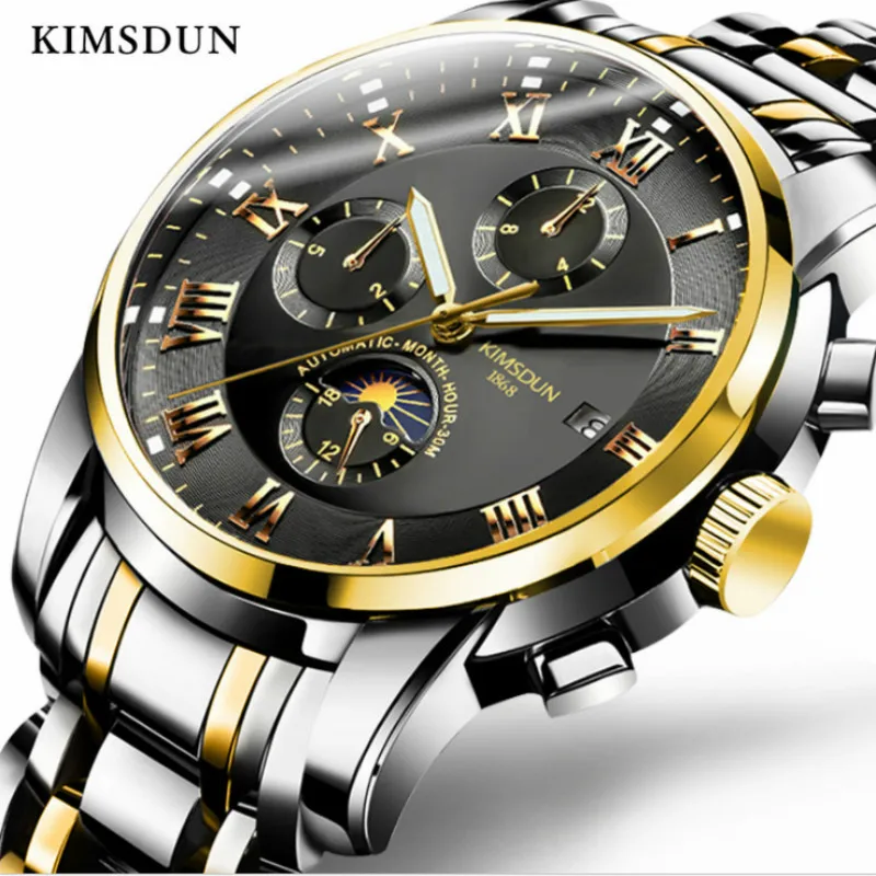 Автоматические механические часы для мужчин KIMSDUN Moon Phase светящиеся полые с