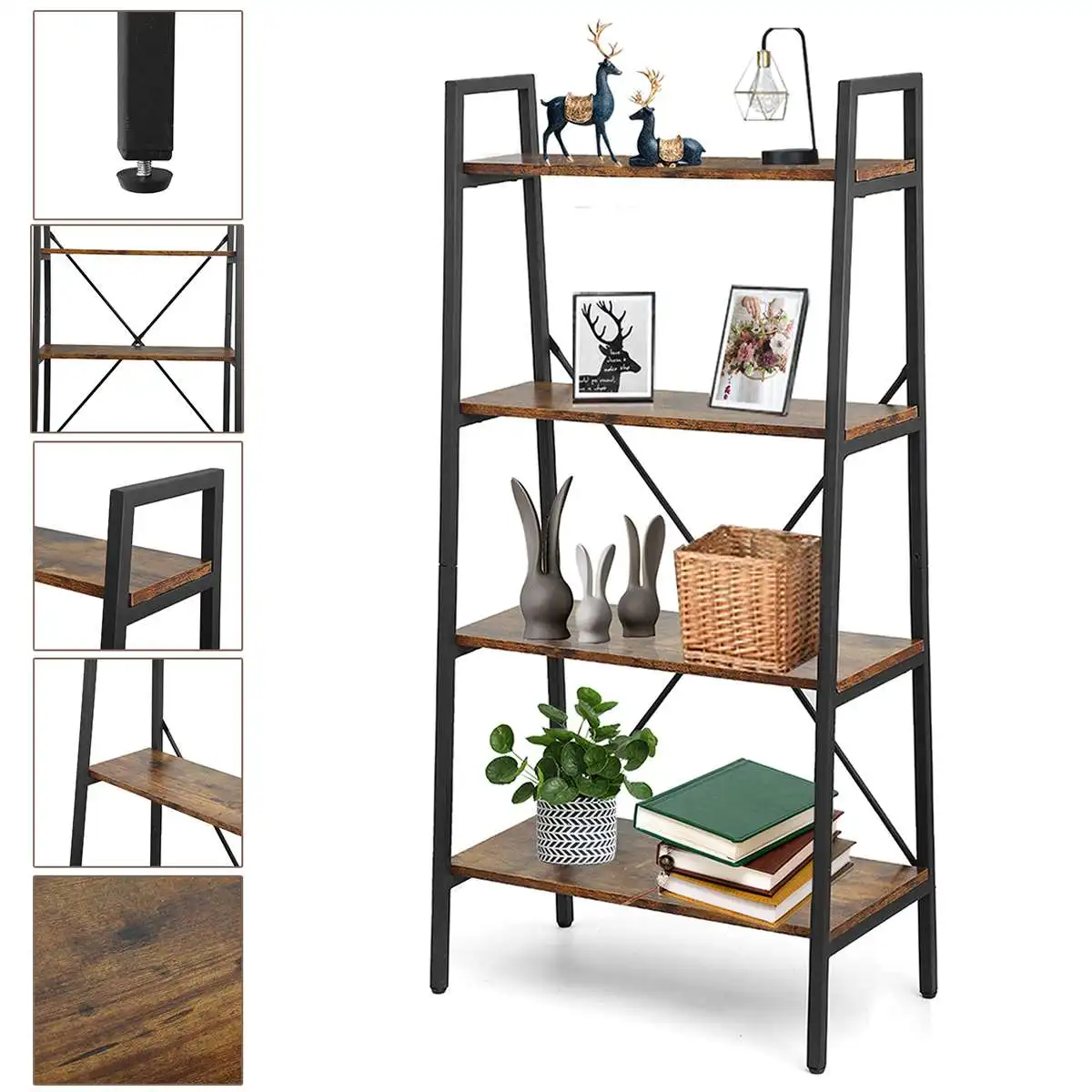 

129x64x35cm Industrial Vintage 4 Tiers Bookshelf Plant Flower Stand Storage Rack Organizer Shelves Metal Frame for Home Office