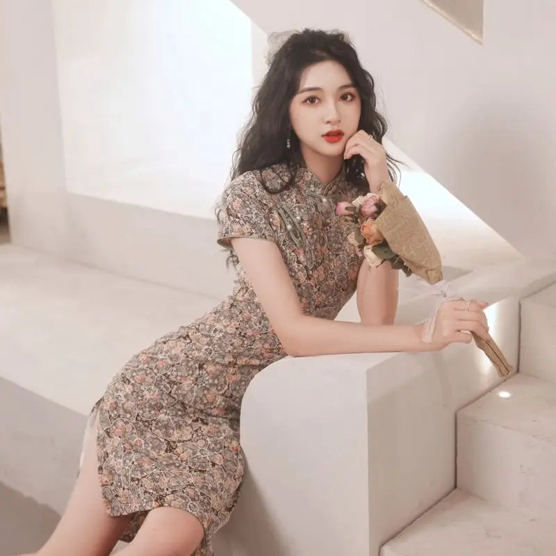 Женское шифоновое платье-Ципао с цветочной вышивкой на пуговицах | Тематическая