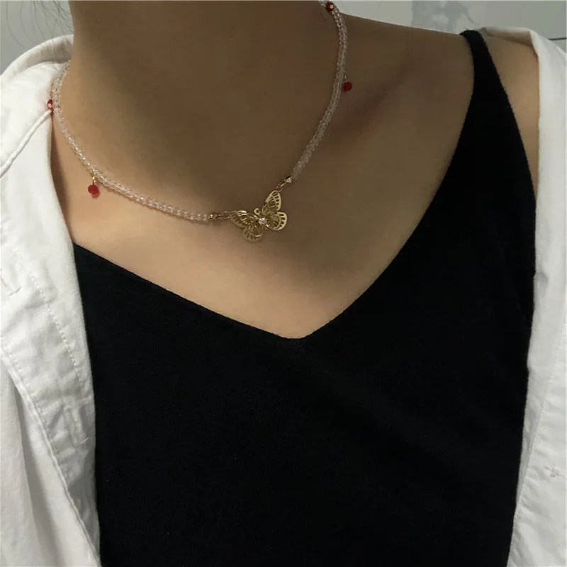 Korean fashion butterfly pendant necklaces for women cute transparent beads chain statement necklace jewelry girl party gift | Украшения и