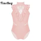 Детская танцевальная одежда для девушек TiaoBug, гофрированный кружевной комбинезон на молнии сзади, гимнастический купальник без рукавов, балетный сценический костюм