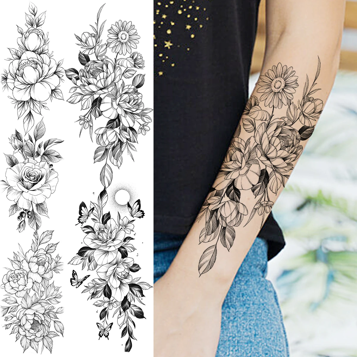 

Временные 3D татуировки для женщин, черная роза, Подсолнух, пион, Бабочка, искусственная татуировка, реалистичное украшение для боди-арта, ис...