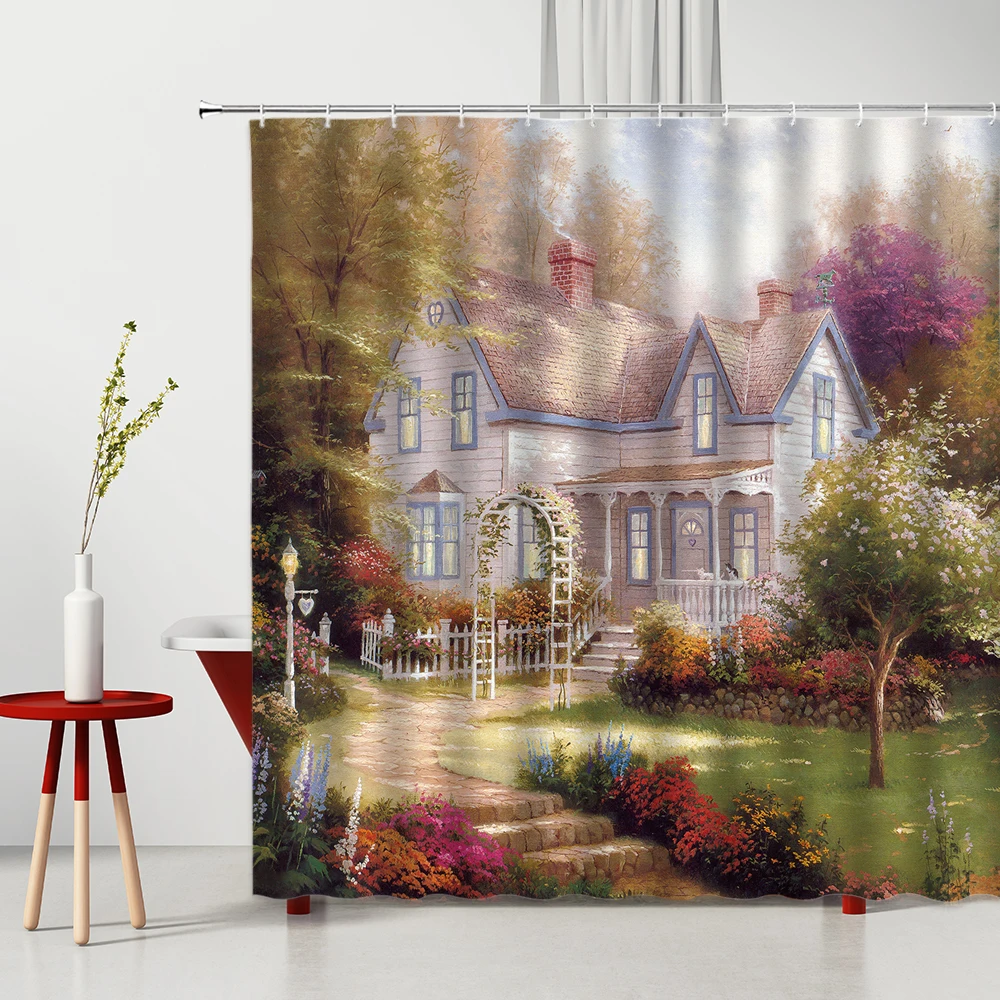 

Oil-Painting European-Style Scenery Building Forest Flower Shower Curtain Washable Bath Accessories With Hook Bathroom Curtains