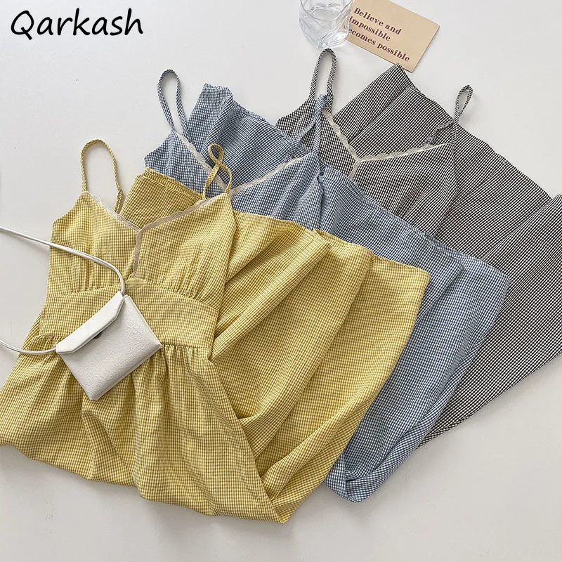 

Women Dress Spaghetti Strap Plaid Lace Line Designed Korean Style V-neck Sexy Sweet Girls All-match Sleeveless Chic Vestidos Ins