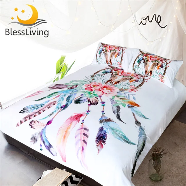 Blessliving Bedding Set Buffalo Skull with Feathers Bed Cover Dreamcatcher Southwestern Bohemia Chic Colorful Tribal Duvet Cover 1