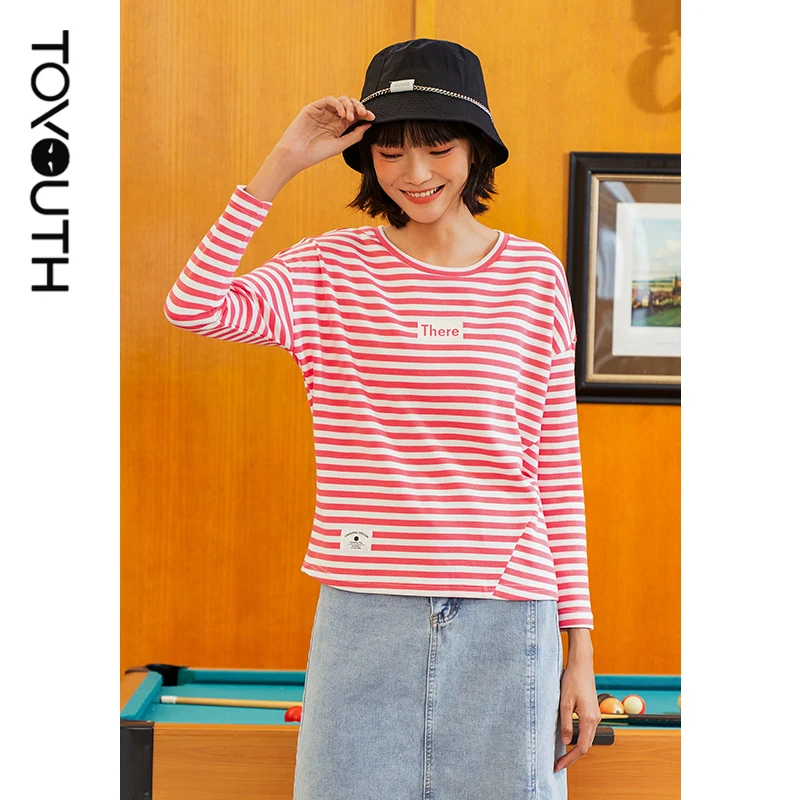 

Toyouth Women Stripe T-shirt Spring Autumn Sea Soul Style Long Sleeve Simple Basic Letter Print Round Neck Tops