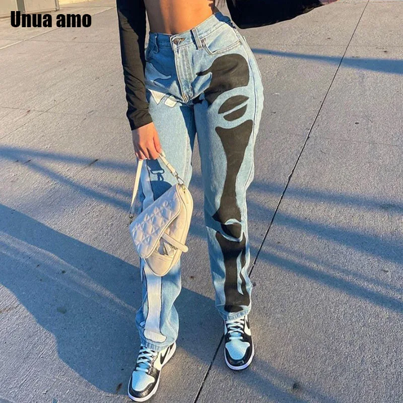 Unua amo Hip Hop Contrast Color Leg Bone Print Jeans Woman Baggy Straight Trousers Female Streetwear Wild Denim Pants Femme