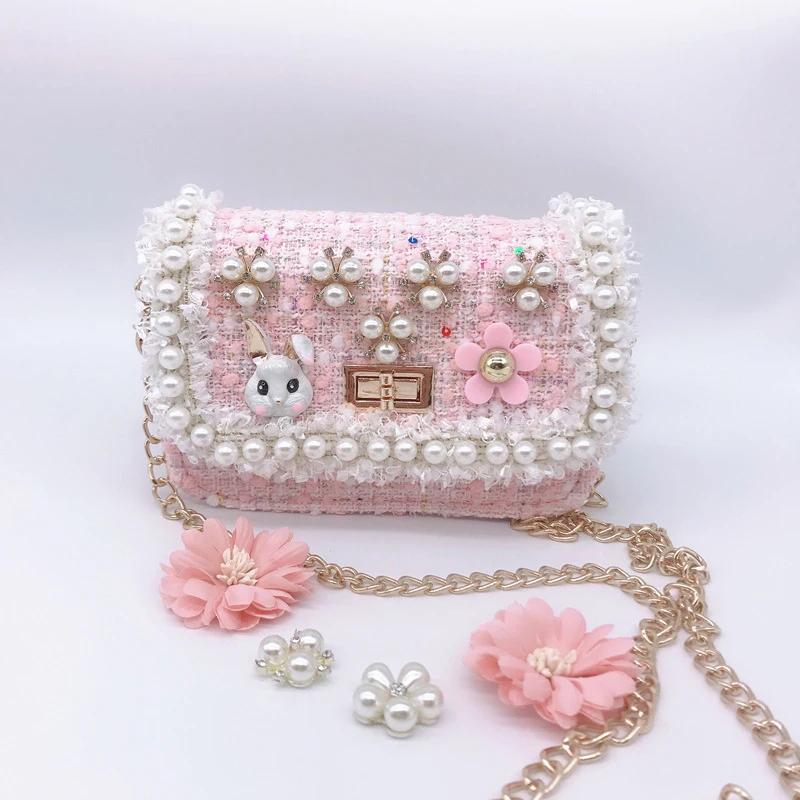 Детские сумочки из твида с цветами для девочек Роскошная сумочка жемчужинами и