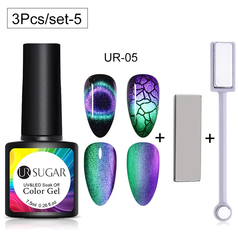3pcs set5 UR SUGAR 9D Chameleon Cat Eye Nail Gel Galaxy Magnetic Soak Off UV/LED Nail Varnish Semi Permanent Manicure Gel Lacquer 7.5ml - Цвет: 3pcs set5
