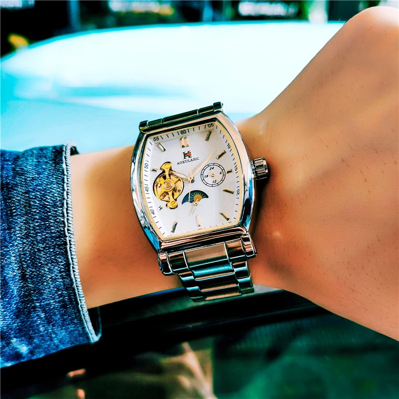 

AOKULASIC Mechanical Mens Watch Automatic Retro Casual Sun Moon Flywheel Wine Barrel-Shaped Waterproof Clock Relogio Masculino