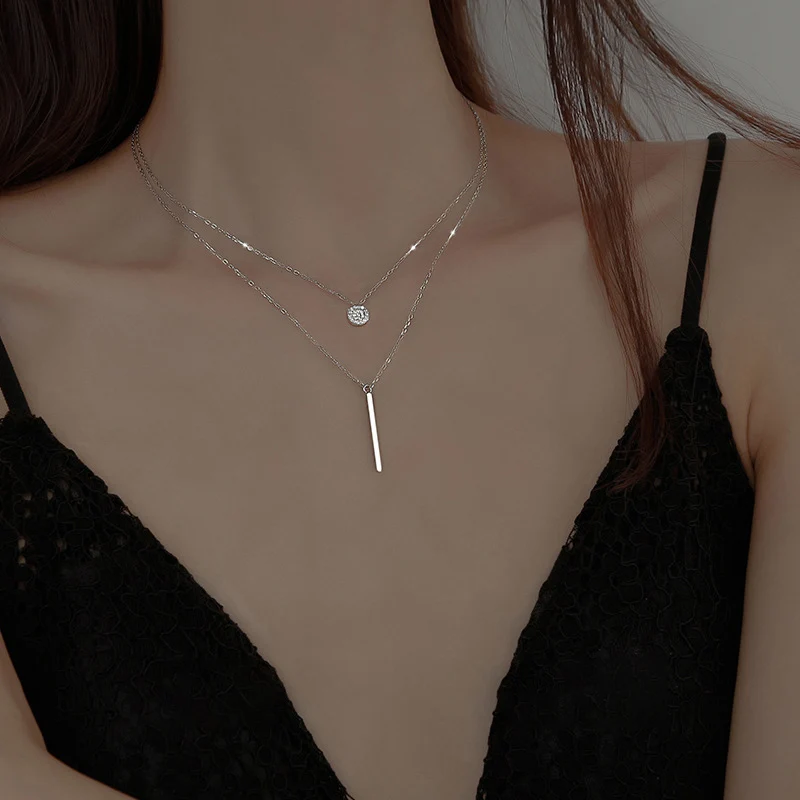 

Серебряная длинная полоска с мигающим бриллиантом, круглое двойное ожерелье, Женская цепочка до ключиц, изысканная бижутерия, аксессуары д...