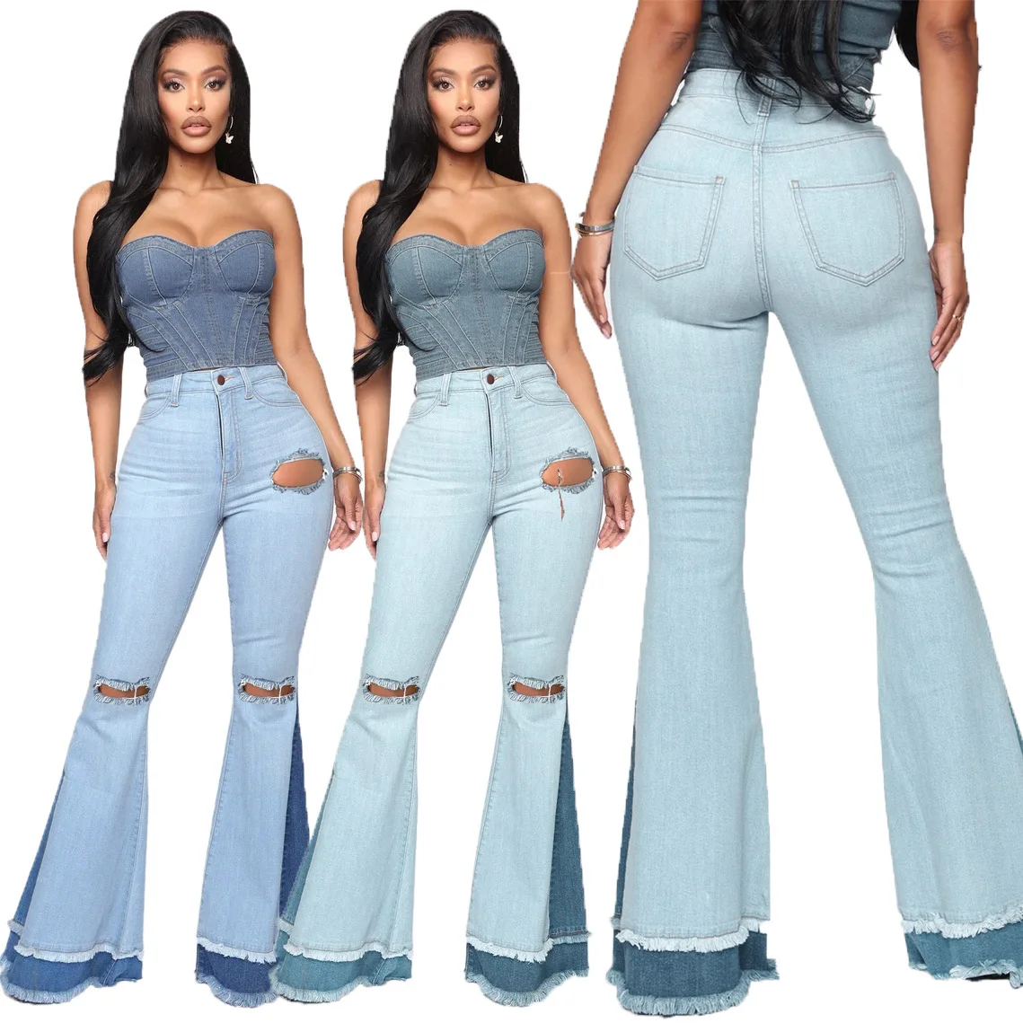

HAOOHU 2020 new women's ripped jeans pants fashion casual trends solid high waist tight slim all-match hole full Flare Pants
