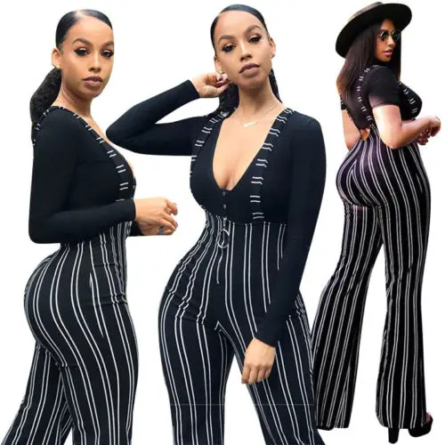 

Women Overall Pants Black Striped Playsuit Bodycon Party Jumpsuits Suspender Zipper Flared Pant Skinny Trousers