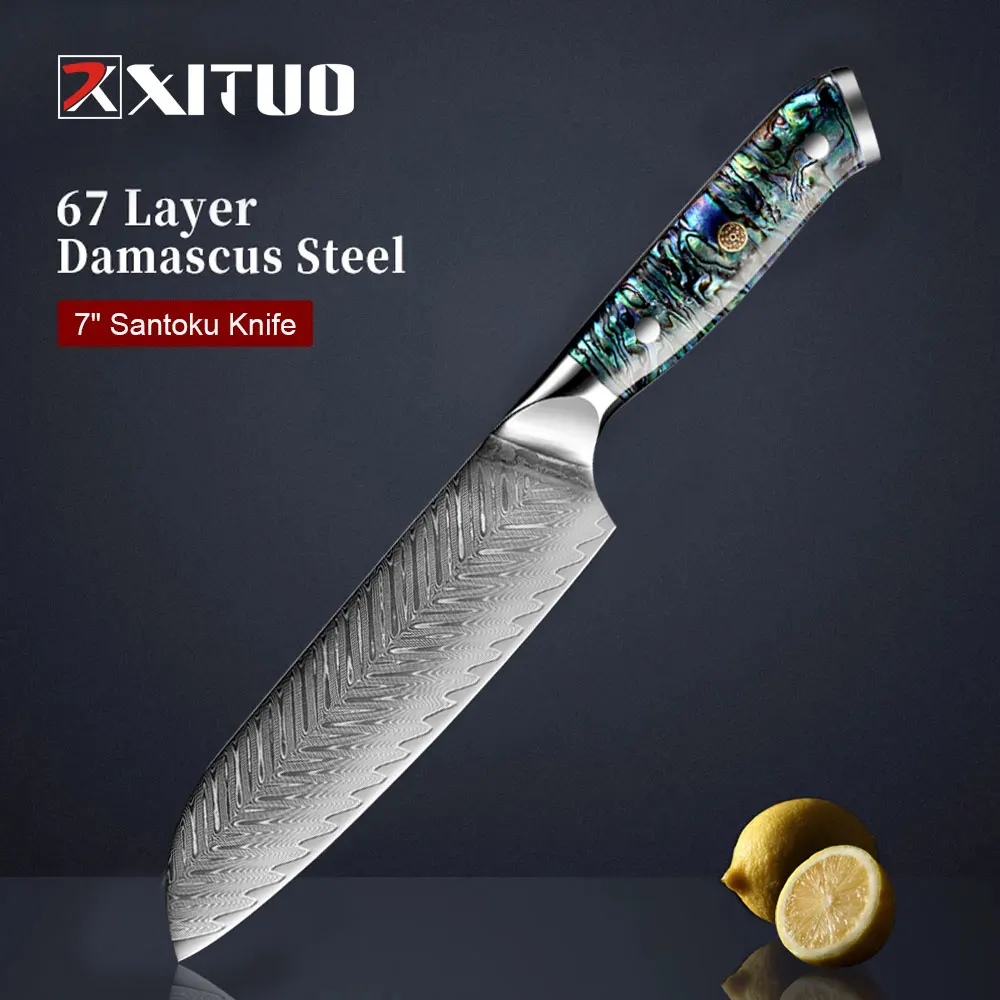 

Нож сантоку XITUO 7 дюймов, острый кухонный резной нож из дамасской стали, 67 слоев, для мяса, рыбы, овощей