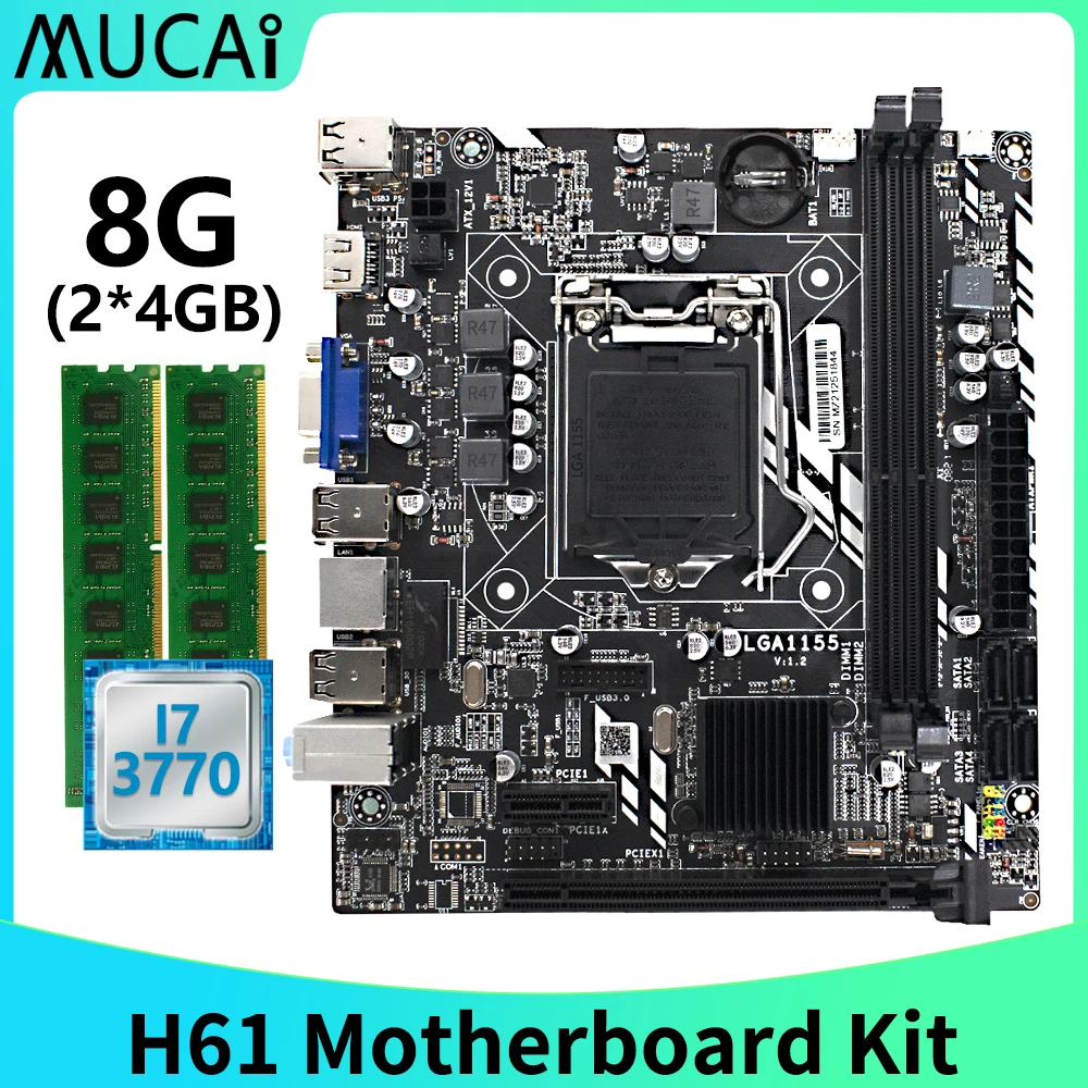 Материнская плата MUCAI H61 LGA 1155 комплект с процессором Intel Core i7 3770 и DDR3 8 Гб (2*4 Гб) 1600