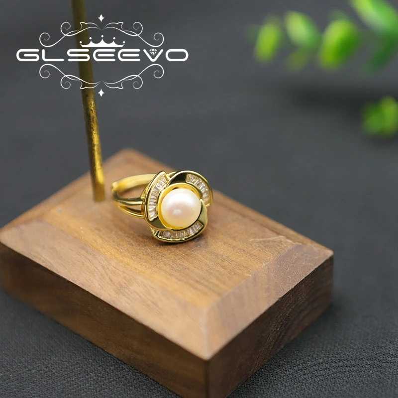 

Glseevo Brass Gold-Plated Hot Wheel Natural Freshwater Pearl Set Ring Woman Fashion Retro Jewelry GR0299