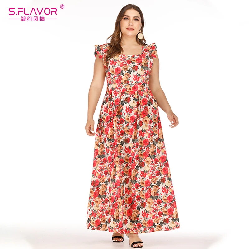 S.FLAVOR Элегантный квадратный вырез размера плюс Вечерние Платья с цветочным