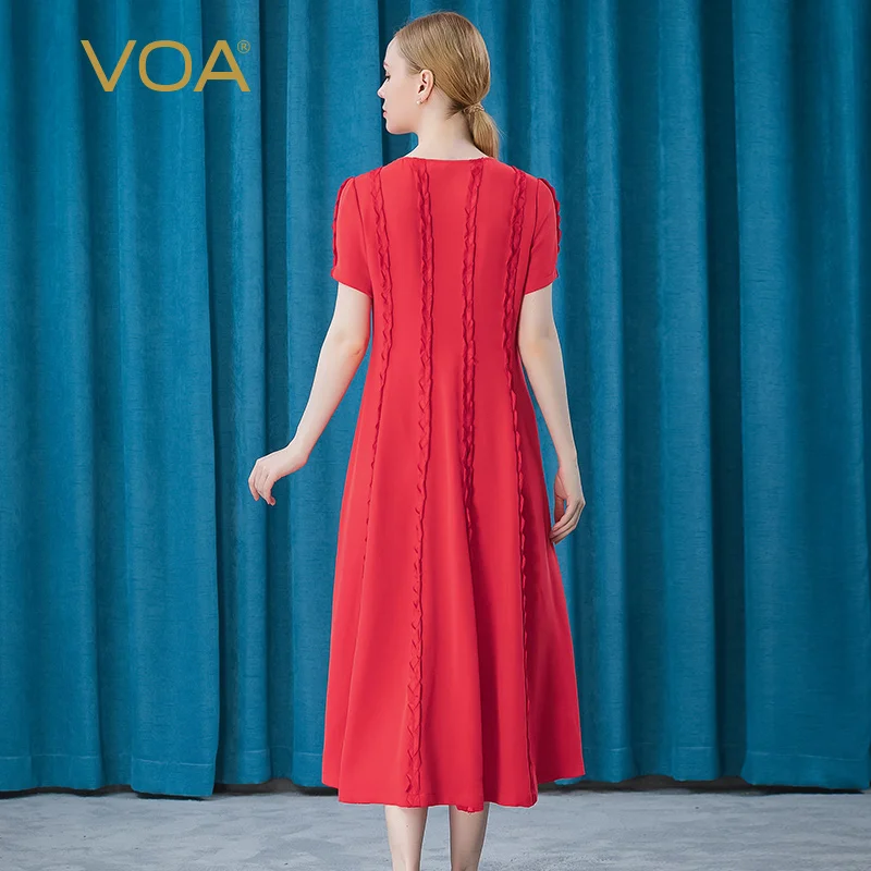 値段 Voaシルク夢レッドヘビー30オス/オススパイラルストライプステレオステッチ装飾半袖ラウンドネック女性のためAE671