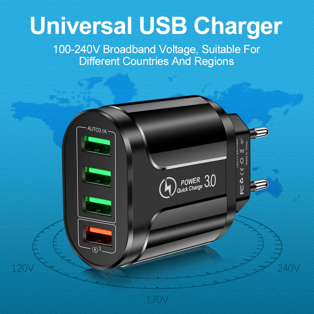 

EU/US/UK Plug 4 Ports USB Charger Travel 5.1A Phone Adapter Smart Charging Head For Samsung Smart Phone USB Fast charger