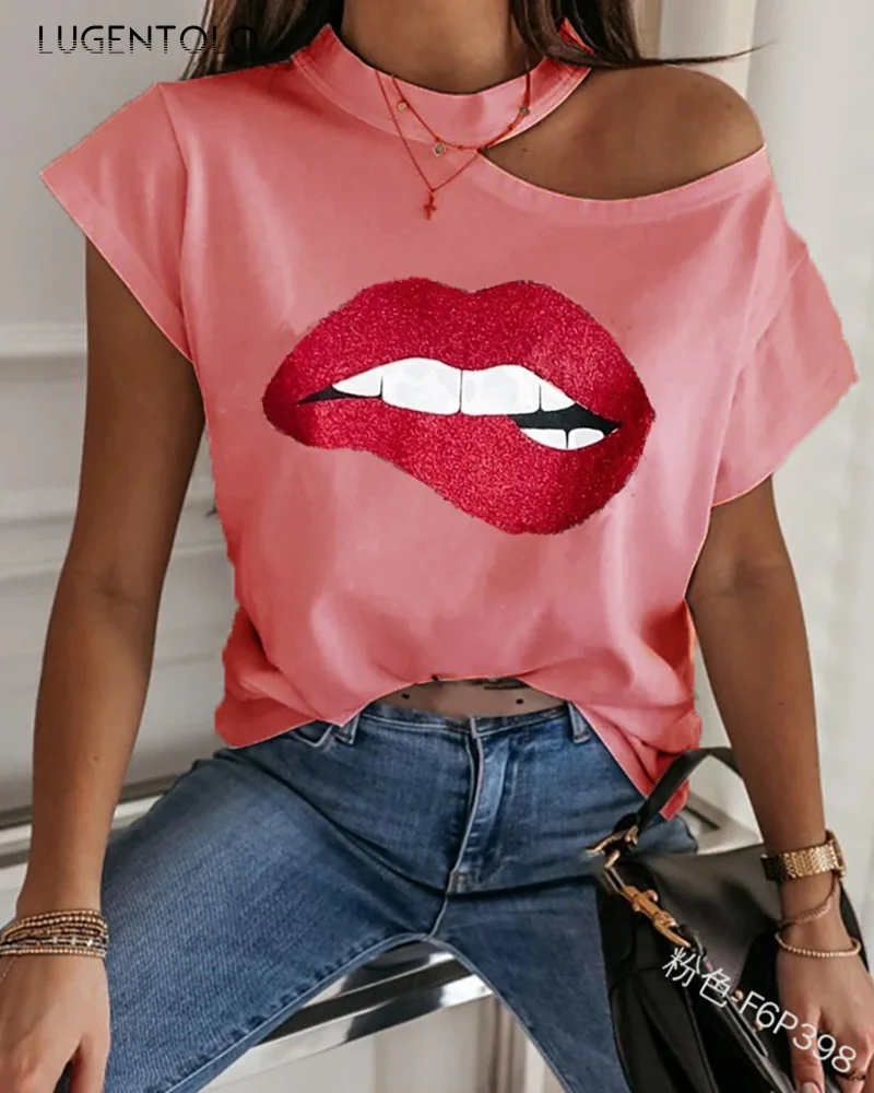 

Lugentolo Women's T-shirts Summer Red Lips Printed Loose Fashion Tops Casual Off-Shoulder Tee O-Neck Slim T-shirts Plus Size 5XL
