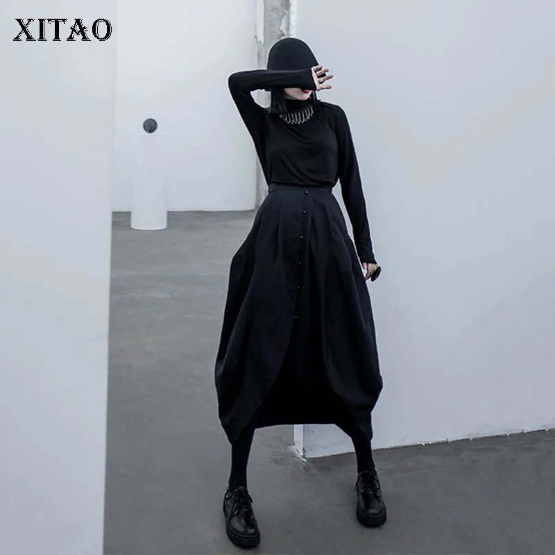 XITAO, женская футболка с высокой талией, модная, новинка, осенняя, элегантная, водолазка с кисточками, из кусков, плиссированная, черная, миноритарная, футболка DMY1028