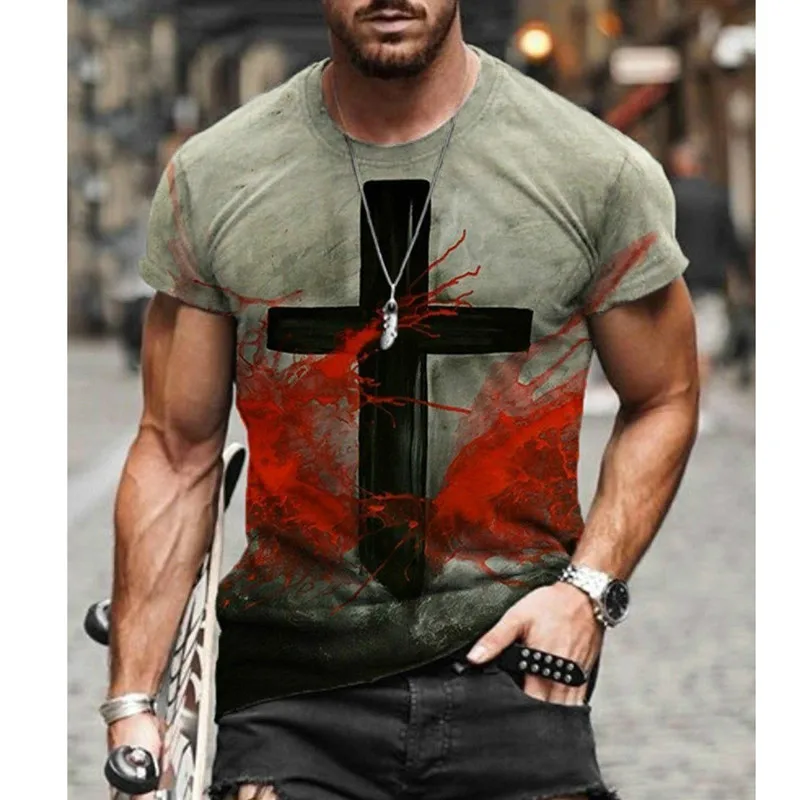 

2021 Summer New Fashion Harajuku Men'S Retro Short-Sleeved Oversized T-Shirt 3d Printing Color Cross Print...Round Neck Men'S T-