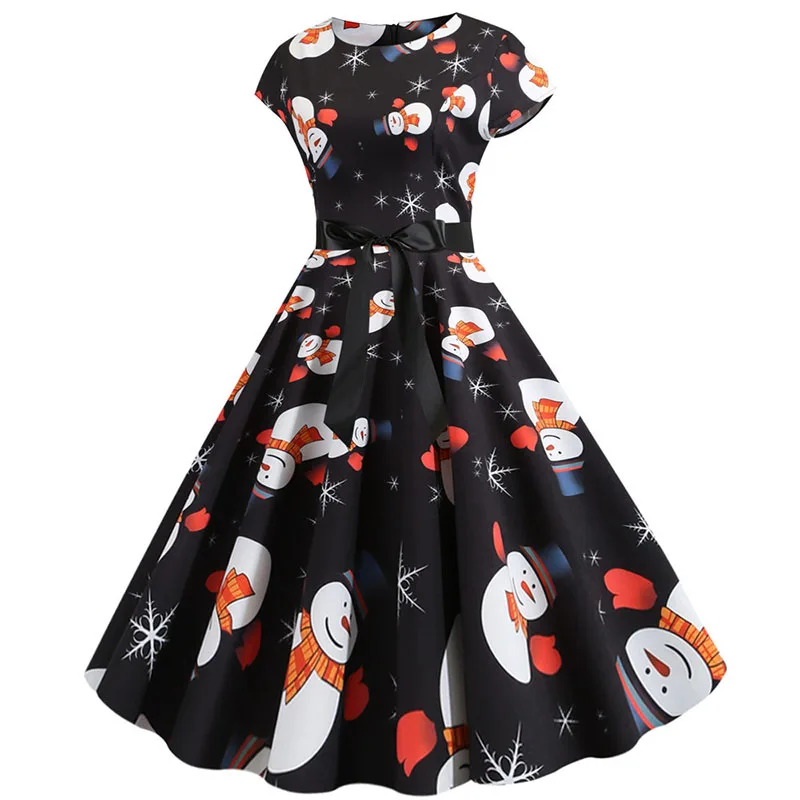 Christmas Dress Women Short Sleeve Print Vintage Robe Femme Ladies Casual Elegant Plus Size pin up Xmas Party Sundress | Женская одежда