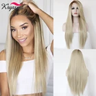Kryssma Long Straight Wig Ombre Blonde Lace Front Wig with Brown Woots Heat Resistant Fiber Cosplay Synthetic Wigs for Women
