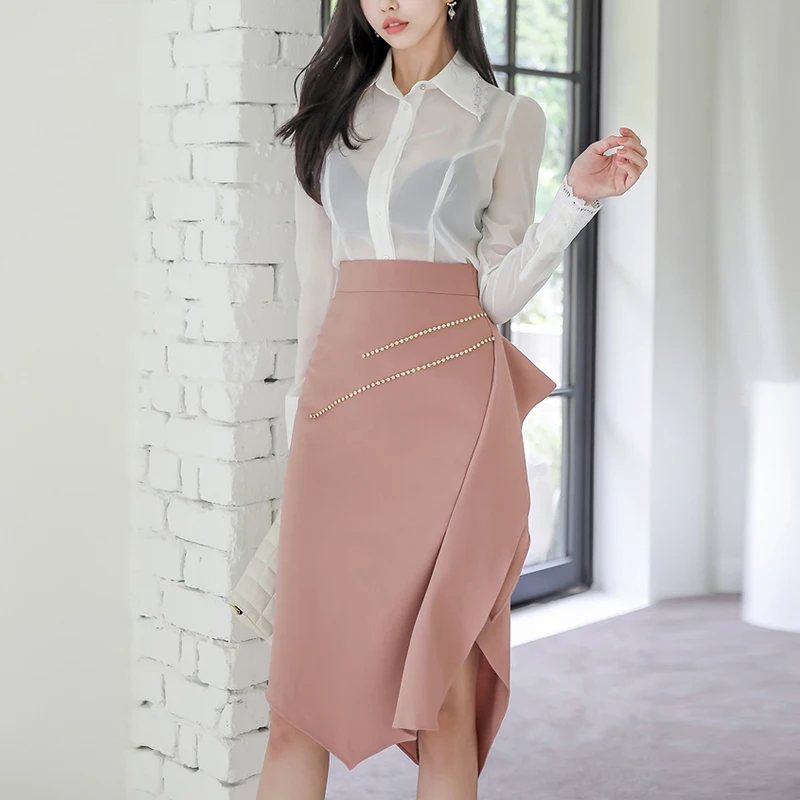 

New 2 Pieces Set Women Spring Summer Perspective White Shirts Blouses High Waist Bodycon Pencil Ruffle Skirts Office Lady Suit