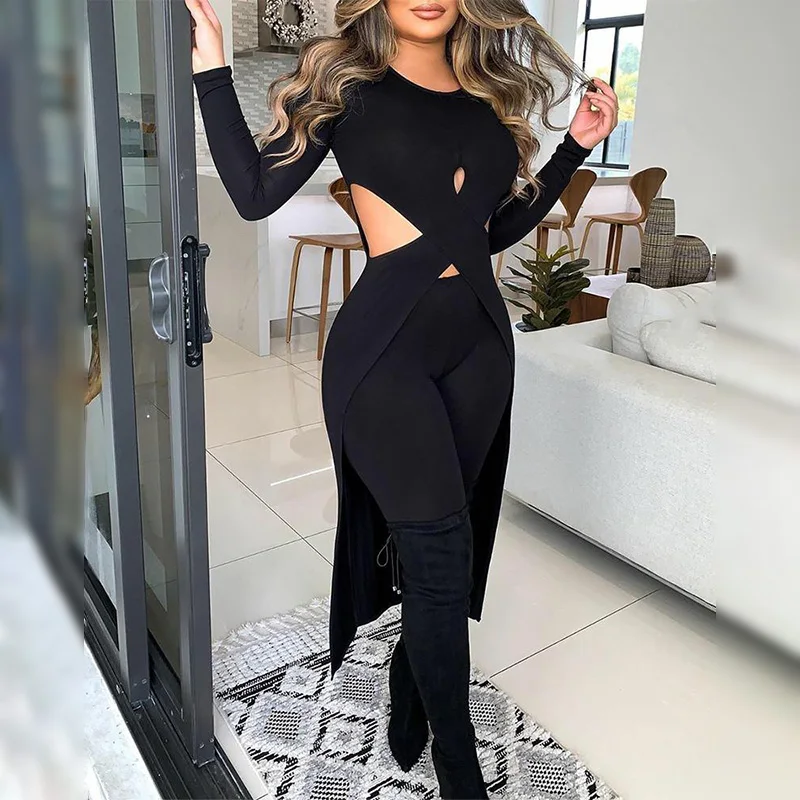 

Женские однотонные сексуальные топы с круглым вырезом и длинным рукавом, асимметричный подол с вырезами, модные женские повседневные уличн...