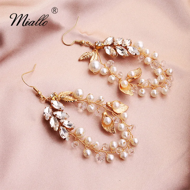 Женские длинные серьги-подвески Miallo Классические Золотые листья австрийский